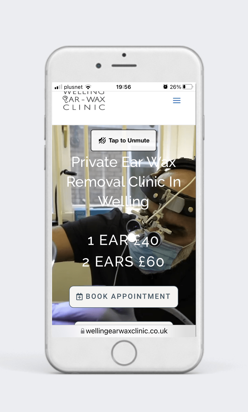 Welling ear wax clinic wordpress website displayed on mobile, built by Beknowin