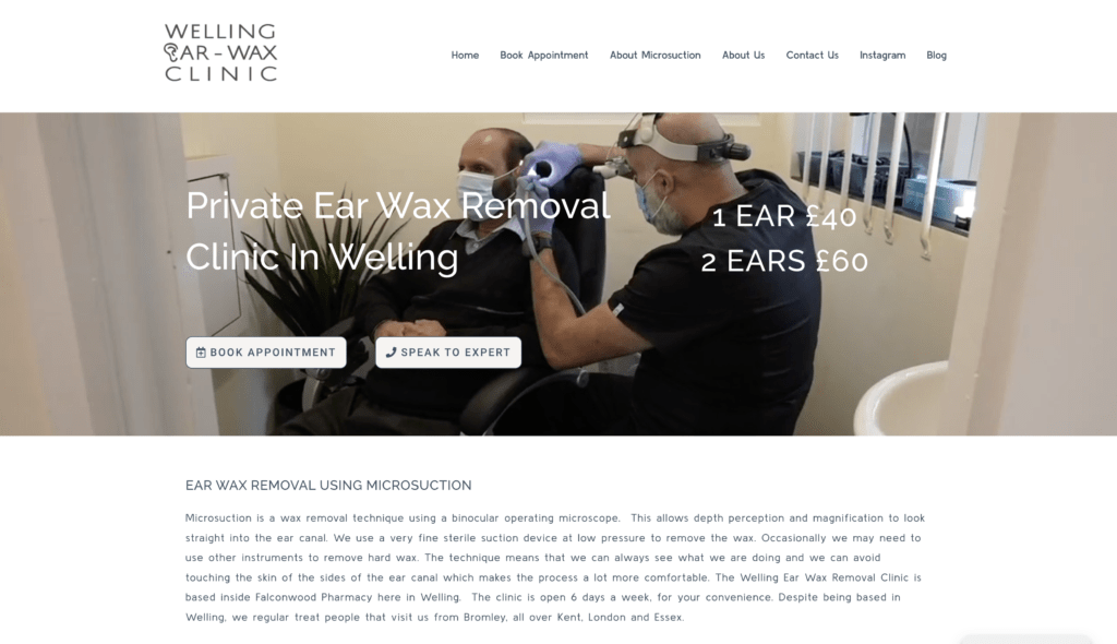 Welling ear wax clinic home page wordpress website, built by Beknowin