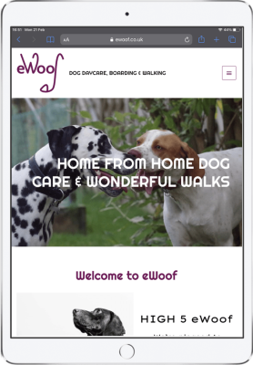 ewoof dog daycare wordpress website displayed on tablet, built by Beknowin