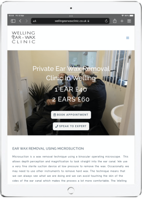 Welling Ear Wax Clinic wordpress website displayed on tablet, built by Beknowin